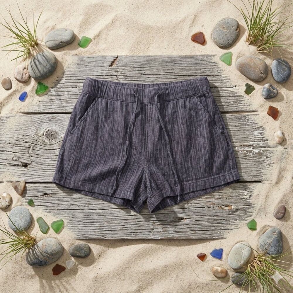 Time & Tru Linen Blend Shorts Womens L Purple Striped Elastic Drawstring Waist